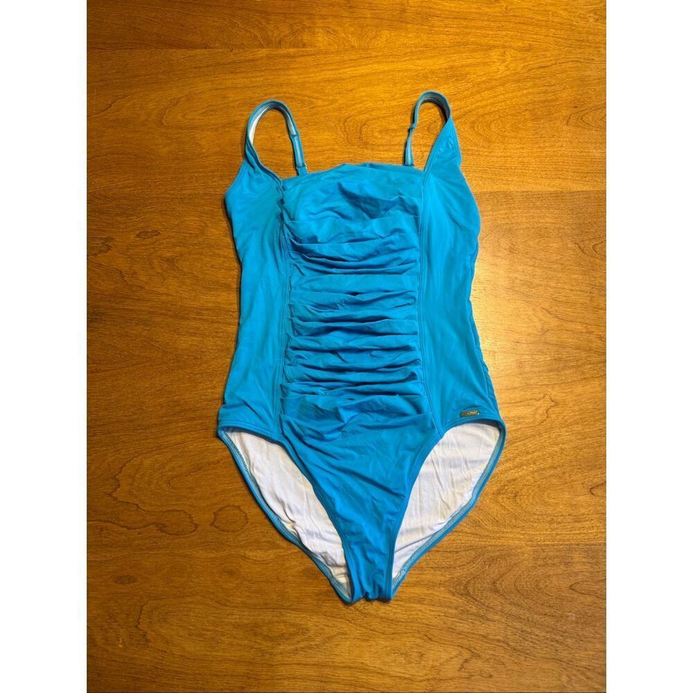 Calvin Klein Women's Pleated Front Panel One-Piece Swimsuit Aqua Blue Size 14